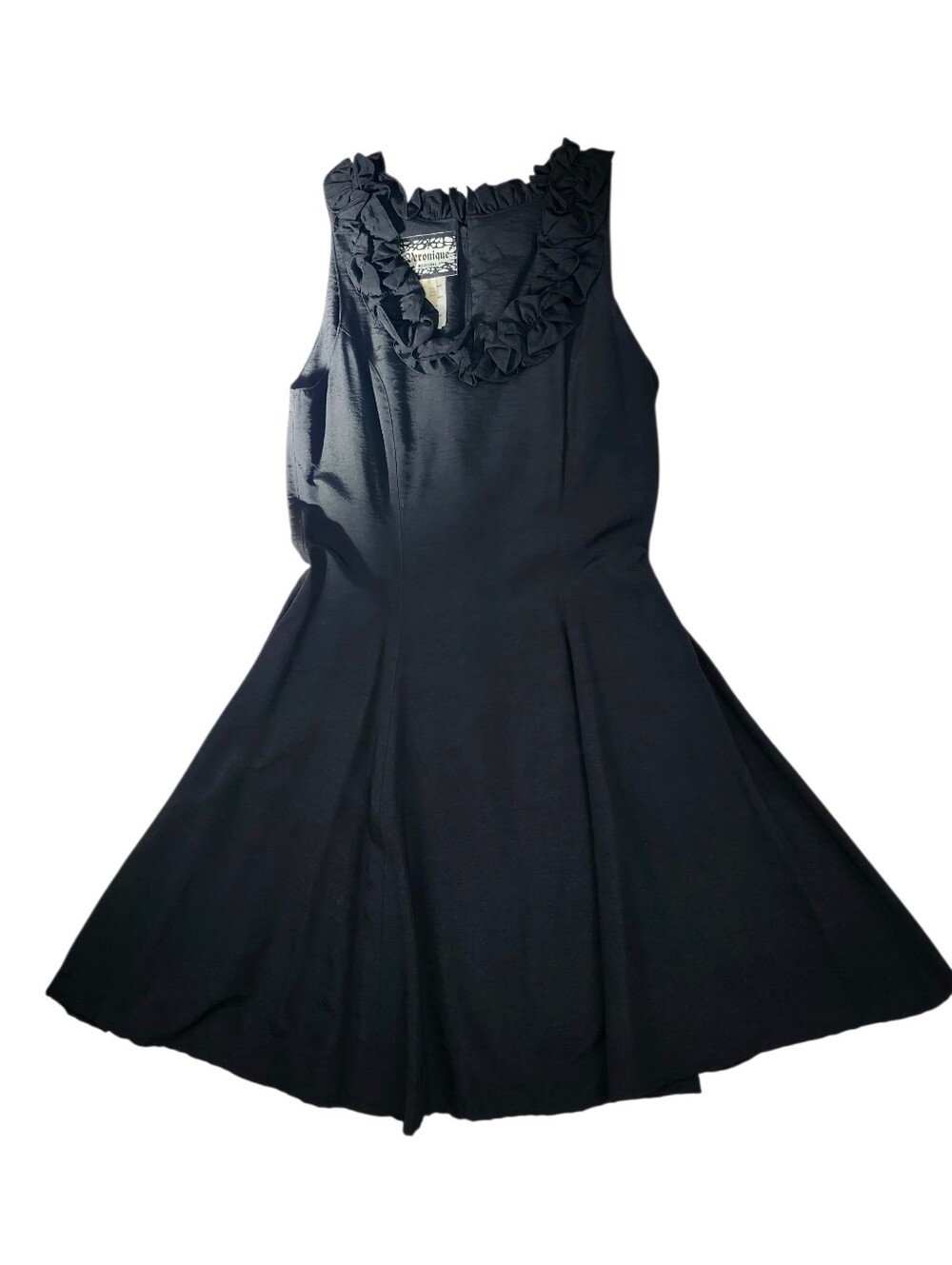 VTG Veronique Melbourne LBD Ruffle Neckline Fit N Flare Crisp Rayon 8AU XS 2